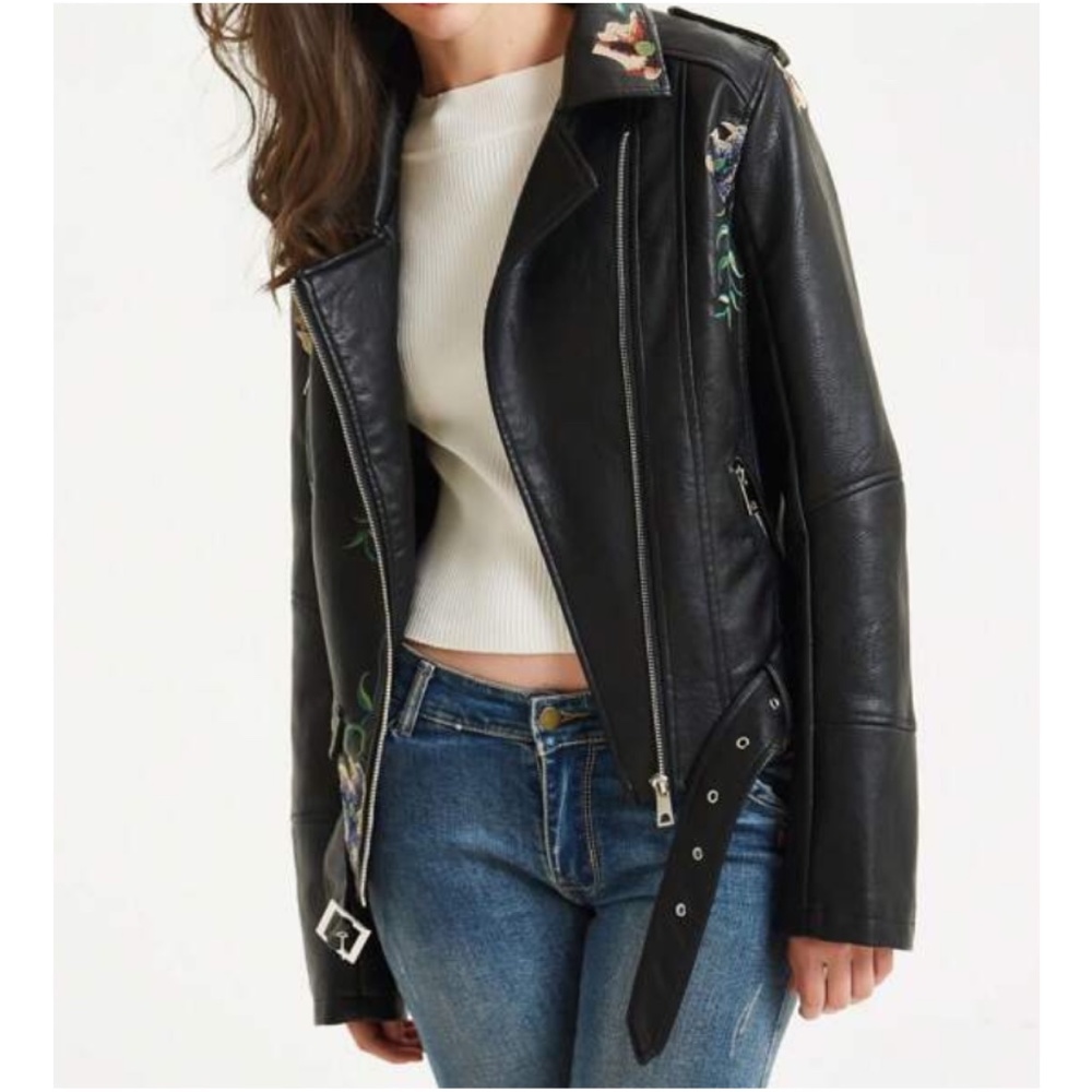 Luxe Floral Embroidered Vegan Leather Zip up Moto Jacket - Picture 4 of 8